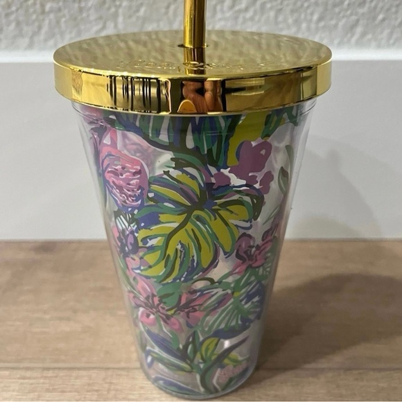 Lilly Pulitzer Travel Tumbler 16oz Gold Lid & Straw Mermaid In The Shade Floral - Picture 3 of 13